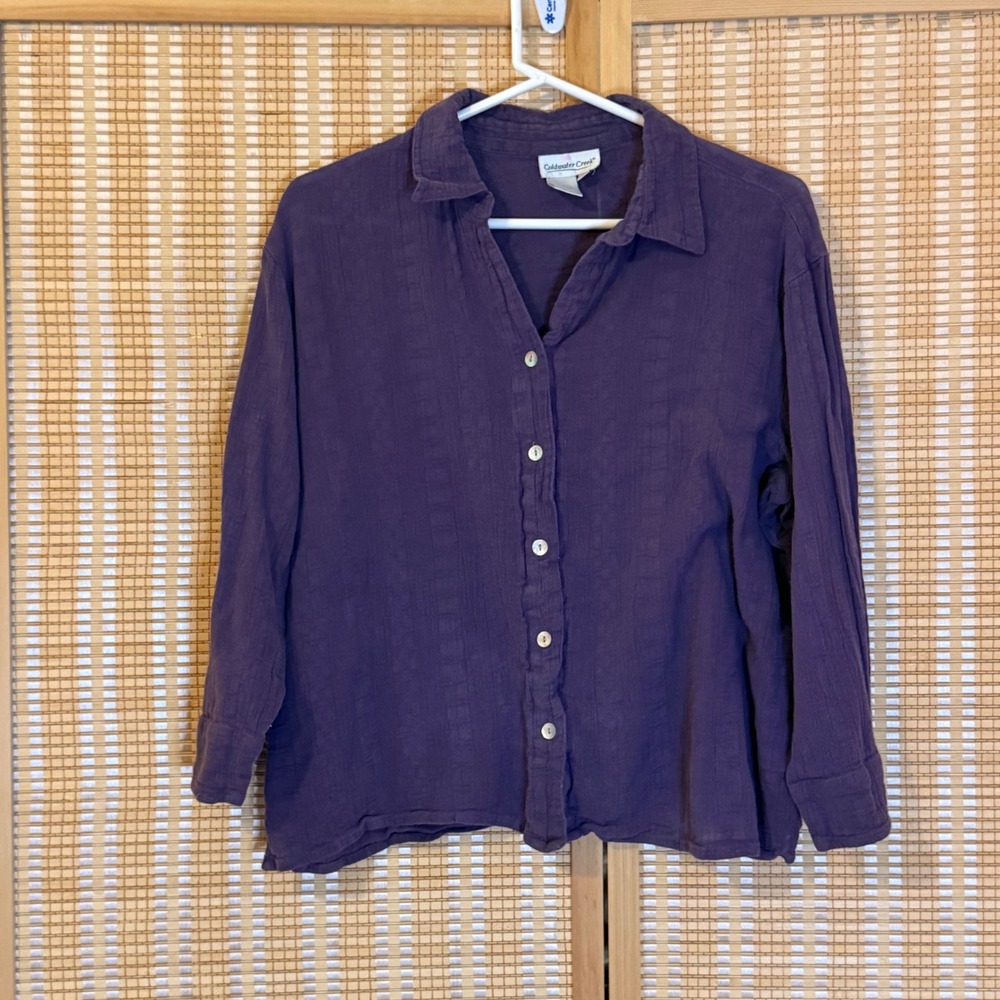Coldwater Creek Womens XL Purple Cotton Crinkle Gauze Button Down Blouse Top